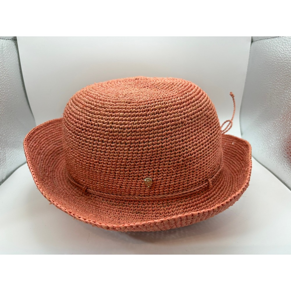 Helen Kaminski Raffia Crochet Sun Hat Coral Pink Wide Brim Made USA Adjustable